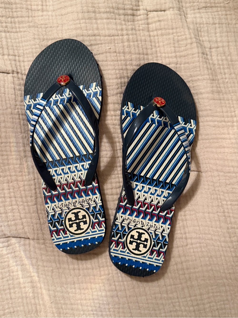 Tory Burch Navy, White & Red Patterned Thong Sandals
